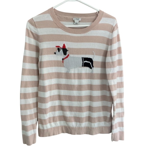 J. Crew Sweaters - J Crew Women Striped Dog Graphic Sweater Pink White Long Sleeve Crew Neck Size S